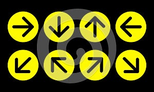 Arrow direction sign set, yellow circles on black