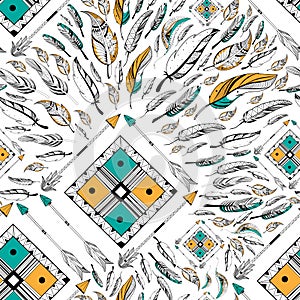 Arrow and feather for Tribal boho style seamless pattern