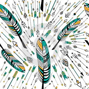 Arrow and feather for Tribal boho style seamless pattern