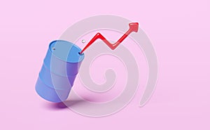 Arrow graph 3d with blue oil barrel icon isolated on pink background. petroleum oil industry, oil market business, 200 liters oil