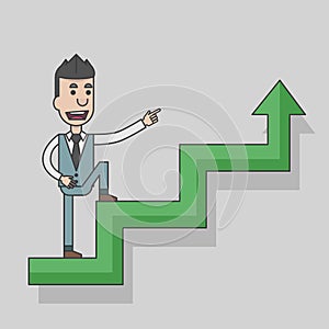 Arrow graph going up and businessman going up with case rises to top step of stairs