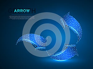 Arrow growth curve. Three arrow goes down and up wireframe digital Vector neon 3d illustration. Low poly success concept