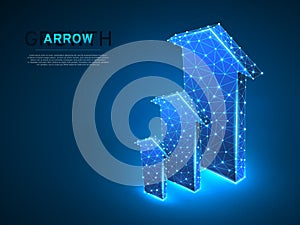 Arrow growth success team work sign. Three arrow goes up wireframe digital Vector neon 3d. Low poly colaboration concept