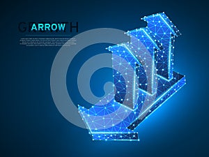 Arrow growth success team work sign. Three arrow goes up wireframe digital Vector neon 3d. Low poly colaboration concept