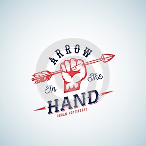 Arrow in the Hand Abstract Vector Logo Template. Red Fist Silhouette Symbol with Retro Typography. photo