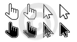 Arrow and hand cursors, pointer icons for web, computer. Vector pixel mouses with clicking finger set. Digital black and white