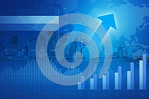 Arrow head with Financial chart and graphs on city; success concept