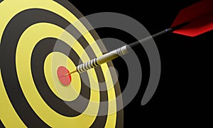 Arrow hitting in the target center of bullseye for Business focus concept,  Modern style. 3D rendering