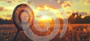 Arrow hitting target at sunset in a serene field setting photo