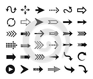 Arrow icon. Arrows pictograms, buttons, web cursors, pointers. Up, down, right, left direction signs. Curve and straight