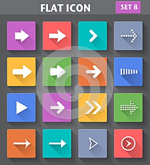 Arrow Icons set in flat style with long shadows.