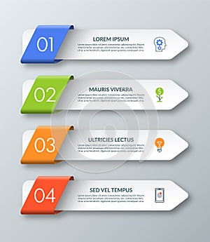 Arrow infographic template with 4 steps, options, parts, elements.