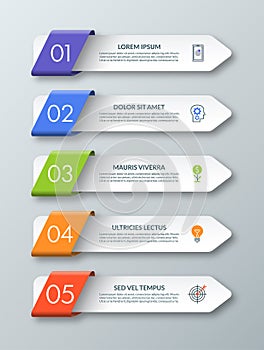 Arrow infographic template with 5 steps, options, parts, elements.