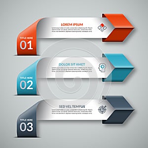 Arrow infographic template in origami style. 3-step colorful paper banner.