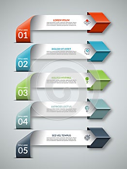 Arrow infographic template in origami style. 5-step colorful paper banner.
