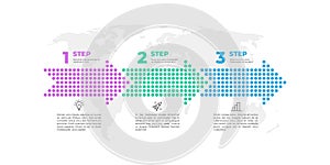 Arrow infographic. Three steps options infographics template with halftone color arrows and world map. Idea light bulb