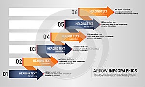 Arrow infographics with 6 number options, steps, arrow for flowchart, business presentation, workflow, process diagram, info graph