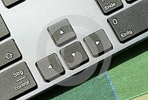 Arrow keys on a modern computer desktop PC keyboard, digital world navigation directional controls, choosing the right way,