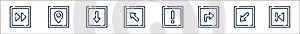 Arrow line icons. linear set. quality vector line set such as back, bottom left, turn right, alert, top left, down, pin