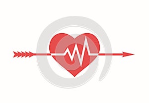 The arrow of love pierces and breaks the heart. Electrocardiogram heartbeat chart.