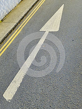 Arrow painted on the asphalt. Shows the required direction movement. White road markings on pavement