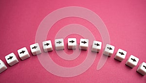 Arrow path. Story arc. Movement in one direction. Sequential chain of arrows. Moving forward, step by step. Motivation, self- photo