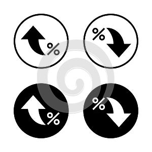 Arrow percent icon set on black circle. Increase and decrease percentage sign symbol