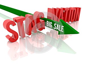 Arrow with phrase Big Sale breaks word Stagnation. photo