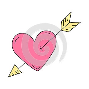 An arrow-pierced heart. Cartoon vector illustration isolated on white. A symbol of love and passion
