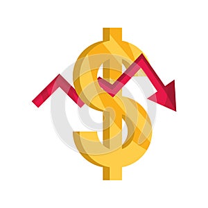 Arrow pointing downwards showing crisis money stock market crash isolated icon