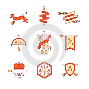 Arrow ribbon logo and emblem thin line icons set