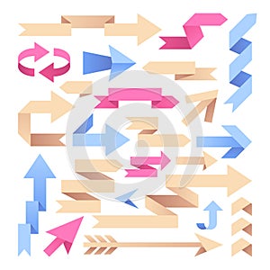 Arrow ribbons. Origami paper arrows. Color vintage arrowheads vector set