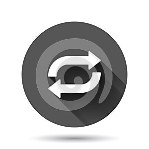 Arrow rotation icon in flat style. Sync action vector illustration on black round background with long shadow effect. Refresh