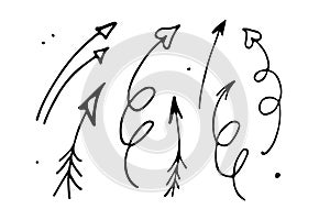 Arrow set. Hand-drawn vector curved arrows. Arrow collection. Arrows are curved and straight lines. Doodle Sketch vector