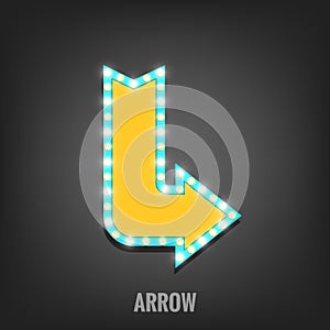 Arrow sign banner. Sign with light bulbs. Light sign with lamps.