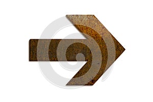 Arrow sign directional symbol made of 3D rusty metal grungy texture and isolated on seamless white background