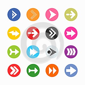 Arrow sign icon set. Simple circle shape internet button on gray background.
