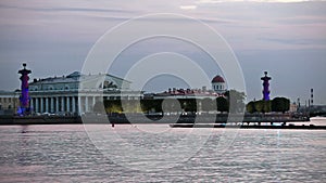 Arrow of Vasilevsky island with rostral columns and Old Stock Exchange in a holiday celebration Scarlet Sails at the White