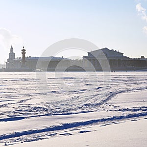 The arrow of Vasilevsky island, winter photo. Saint-Petersburg, Russia.