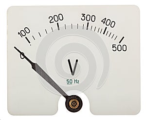 Arrow of voltmeter indicating an 0 volts, isolated on white back