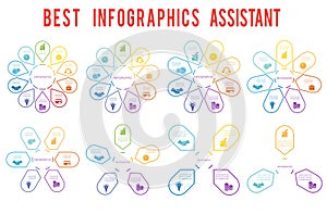 Arrows arranged in circle, pointing inside the circle.  8 Templates  for infographic with text area 3,4,5,6,7,8,9,10 positions