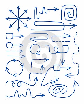 Arrows, blue, hand-drawn, fine, straight, rotation, spiral, circular, infographics.