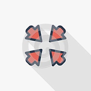 Arrows in the center thin line flat color icon. Linear vector symbol. Colorful long shadow design.