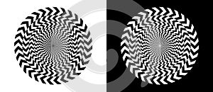 Arrows in circle abstract background. Dynamic transition optical illusion. Black shape on a white background and the same white