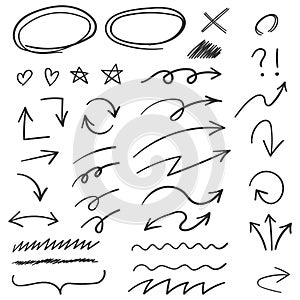 Arrows circles and abstract doodle icon in hand drawn style. Handmade painted vector illustration on isolated background. Scribble