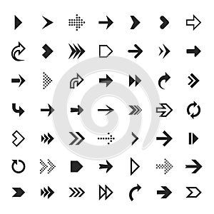 Arrows collection. Black arrow direction signs forward and down for navigation or web download button isolated vector photo