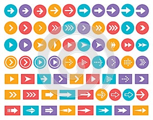 Arrows color vector icon set. Arrow in circle and rectangle isolated symbols pack. Next, forward, previous buttons