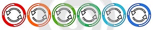Arrows cyclic rotation icons, two arrows recycling recurrence, renewal line symbols on white background. Vector 6 colors