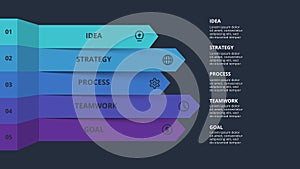 Arrows dark infographic with 5 elements template for web on a black background, business, presentation. Vector