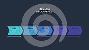 Arrows dark infographic with 5 elements template for web on a black background, business, presentation. Vector